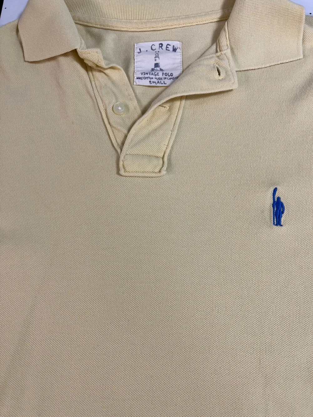 J. Crew Vintage 100% cotton Men's Pale Yellow size Small blue embroidered logo